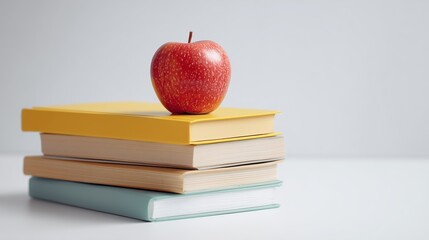 Vibrant stack of notebooks with an apple on top arranged on a clean white surface