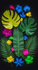 Obraz premium Vibrant Tropical Flowers and Leaves A Bold, Colorful Composition