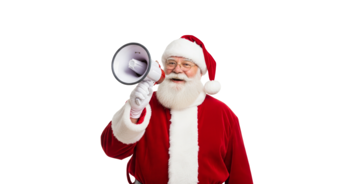 Santa Claus makes a joyful announcement with a megaphone during the festive holiday season celebration - Powered by Adobe