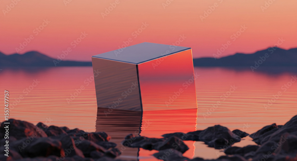 Aufkleber metallic cube floats on calm water reflecting sunset hues, creating serene minimalist scene suitable