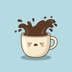 Cute Coffee Cup Cartoon Faces with Chocolate Splash Vector Illustration
