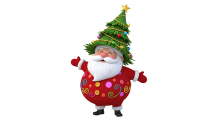 Joyful Santa Claus poses with a festive smile in a colorful red outfit and a Christmas tree-shaped hat filled with ornaments