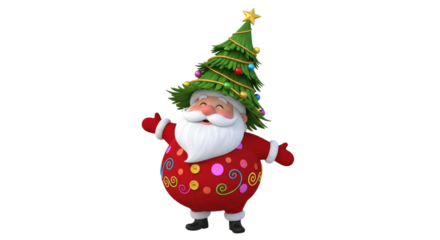Joyful Santa Claus poses with a festive smile in a colorful red outfit and a Christmas tree-shaped hat filled with ornaments