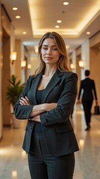 Confident Professional Woman in Business Suit Standing in Luxury Hotel Lobby for Corporate Videos, Leadership Training, and Executive Presentations