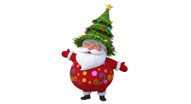 Joyful Santa Claus poses with a festive smile in a colorful red outfit and a Christmas tree-shaped hat filled with ornaments