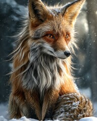 Fototapeta premium Fox Expression in Nature, Red fox in snow with curled tail and annoyed look, crisp winter detail of red fox in snow with forest light, photo-realistic red fox in snow and subtle tones