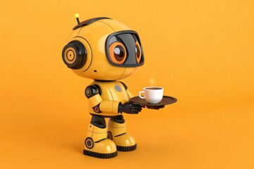 Futuristic yellow robot holding a cup of coffee, a fun technology concept for automated service and innovative artificial intelligence.