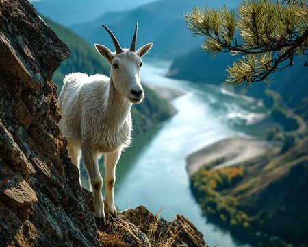 Scenic Wildlife Overlook, Mountain goat standing on cliff edge above green-blue river valley, calm goat on rocky ledge with lush landscape, scenic view of mountain goat with wide river and clear sky