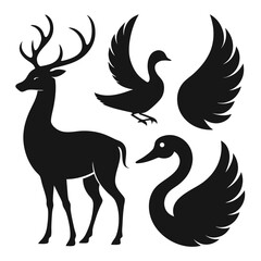 Black Silhouettes: Deer, Swans, and Wings - Vector Graphic Set