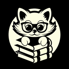 Cute Cat with Glasses Reading Books - Vector Illustration