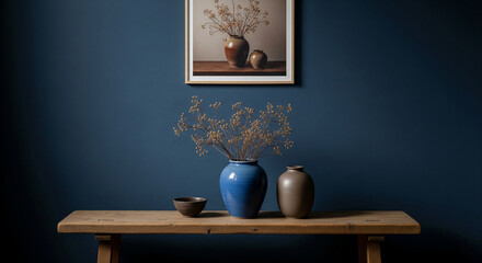 Wooden table with blue and brown vases, dried flowers, and small bowl against a dark blue wall, showcasing a minimalist home decor scene with free space for text