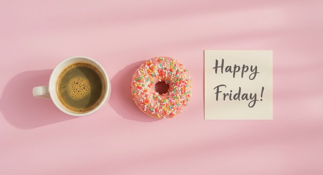flat lay of coffee cup, donut, and handwritten "Happy Friday" note on pastel background, cozy morning vibe