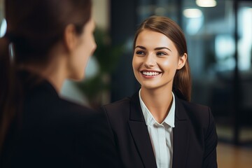 Two businesswomen are having a friendly conversation in the office