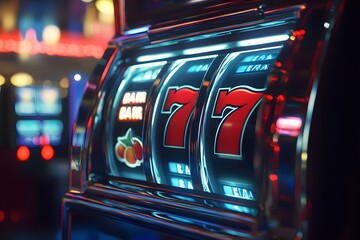 realistic close-up of slot machine screen showing near-win, tension moment with blinking lights 
