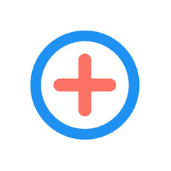 Obraz premium A simple blue circle with a coral plus sign centered inside the shape on a white background view