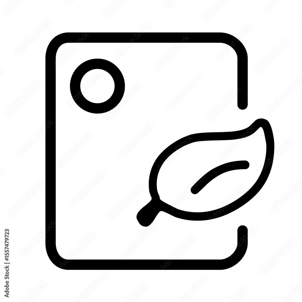 Poster icon showing a square shape with rounded corners a circle and a leaf in a simple black outline style