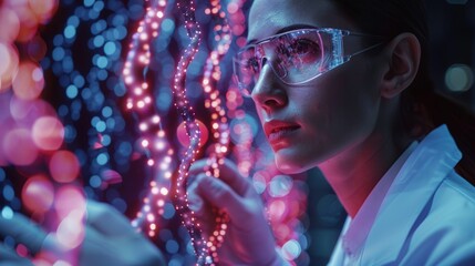 Intelligent AI medical analysis platform with researchers collaborating using advanced neural network technology for real-time genomic data visualization in scientific laboratory environment.