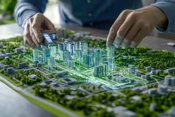 Urban planner analyzing eco-friendly city designs using advanced holographic tools and mapping electric vehicle routes for sustainable smart city development and green transportation infrastructure.