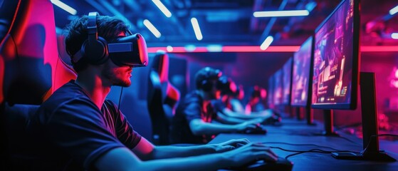 Energetic e-sports arena featuring professional gamers using advanced VR technology headsets during intense virtual reality gaming competition with excited crowd atmosphere.