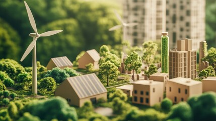 Sustainable building model with wind turbine showcasing renewable energy solutions for eco-friendly community development and net zero carbon emission climate change mitigation