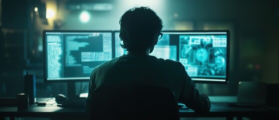 Cybersecurity professional working on advanced computer systems with holographic IoT network security displays in dimly lit high-tech workspace analyzing digital threat protection