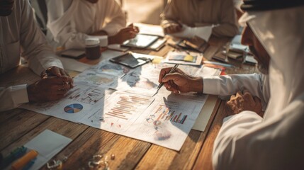 Business Meeting with Diverse Professionals Analyzing Charts and Graphs in Conference Room