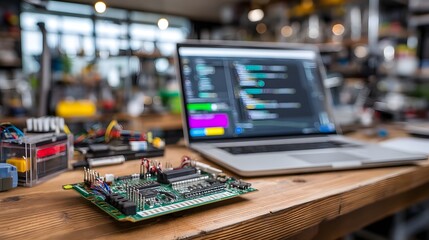 Circuit board and Arduino kit on a desk near a blurred laptop with coding IDE