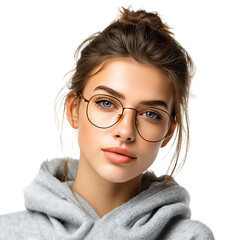 Woman Wearing Round Metal Frame Eyeglasses Portrait Photography white background against transparent Background