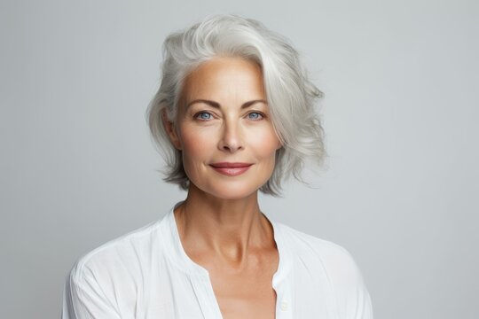 Studio portrait of a beautiful smiling mature woman with gray hair wearing a white shirt