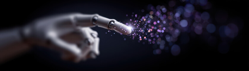 Robotic finger emitting glowing particles dark background, futuristic technology concept with digital light effects and bokeh
