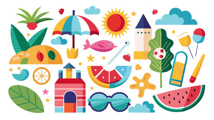 Fototapeta premium A collection of colorful summer icons is isolated on white background including watermelon, beach umbrella, and sandcastle