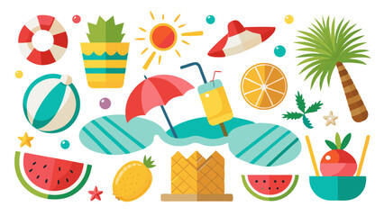 A set of cheerful summer icons is isolated on white background including watermelon slices, beach ball, and a palm tree