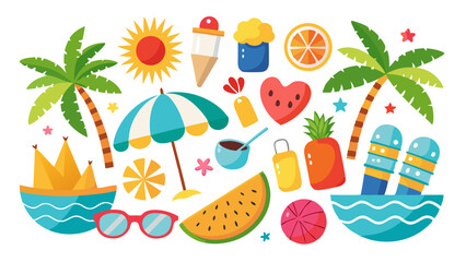 Isolated on white background, a cheerful collection of summer icons includes palm trees, beach umbrellas, and tropical fruits, ideal for vacationthemed designs