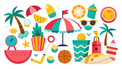 Isolated on white background, this bright and cheerful illustration features a collection of summer icons, including palm trees, beach umbrellas, and various fruits, creating a fun and vibrant mood