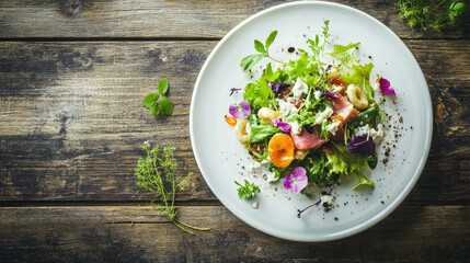 A simple yet elegant white plate of tuna macaroni salad, set on a wooden background with soft natural lighting.