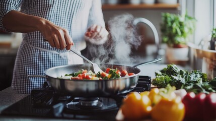 Latina housekeeper stirring healthy fresh ingredients on modern stove in clean kitchen with organic product. Domestic caregiving cooking service concept. Hispanic woman preparing nutritious meal.
