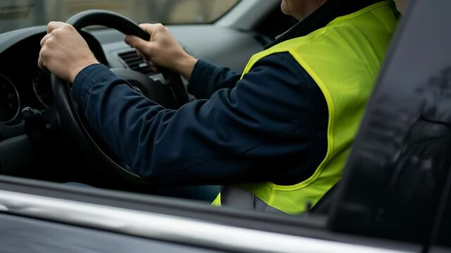 focused driver in a bright yellow safety vest firmly grips the steering wheel inside a modern car ready for a safe journey.