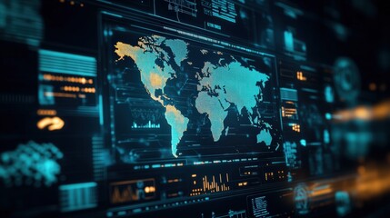 High-tech digital interface displaying world map with strategic data overlays, symbolizing global diplomacy, alliances, and risk mitigation, perfect for geopolitical strategy and global policy concept