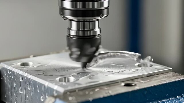 precision CNC milling machine expertly shapes a shiny metal block creating intricate designs with coolant and metal shavings.