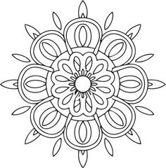 Intricate Black and White Mandala Design: Elegant, Symmetrical, Spiritual, Coloring Book Style Illustration
