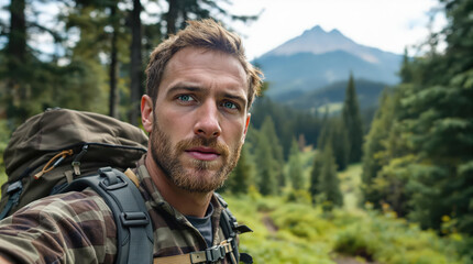 Obraz premium Adventurous Man Hiking in Mountain Scenery