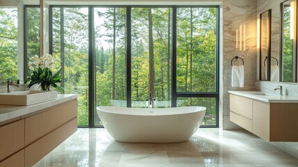 Elegant master bathroom suite featuring freestanding marble bathtub with floor to ceiling windows overlooking nature and double vanity with designer fixtures for spa retreat concept