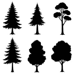 Fototapeta premium Collection of Simple Black Silhouette Tree Icons set: Pine, Fir, and Deciduous Trees, Isolated on White Background.