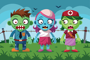 Obraz premium Cartoon Illustration of Three Halloween Zombies Standing in a Field