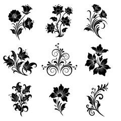 Elegant Black and White Silhouette Floral Arrangements: Roses, Lilies, and Carnations for Design Elements