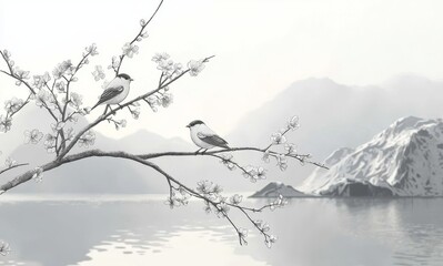 Fototapeta premium Plum blossom branch with two small birds Chinese landscape mountains water soft gray white elegant tranquil digital painting