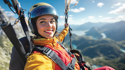 Smiling Woman Paragliding Over Majestic Mountains