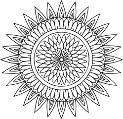 Intricate Black and White Mandala Design: Elegant, Symmetrical, Spiritual, Coloring Book Style Illustration