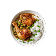 Delicious Chicken Curry with Peas and Rice in a White Bowl