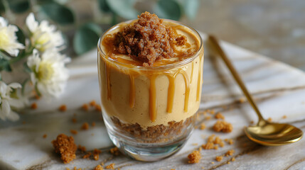 Flat lay of pumpkin mousse dessert in a short tumbler, topped with caramel drizzle and crumbled gingerbread, styled with a golden spoon